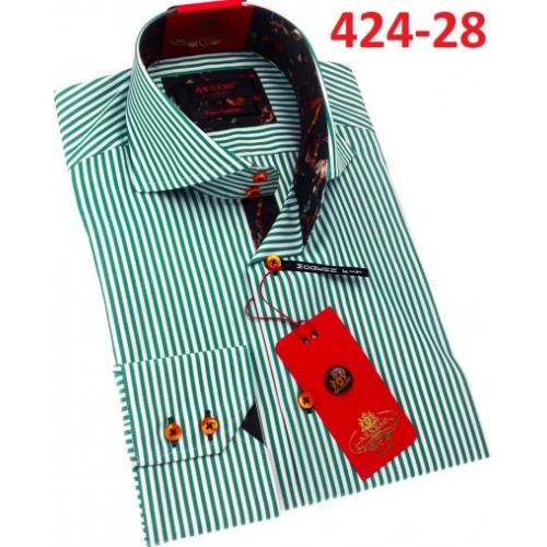 Axxess Green Striped Cotton Modern Fit Dress Shirt With Button Cuff 424-28